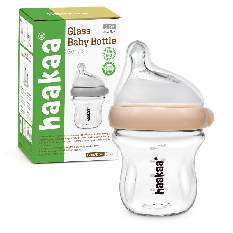 haakaa Gen.3 Natural Glass Baby Bottle 4.2oz/120ml - Wide Neck, Anti-Colic Slow Flow Nipple,Easy to Clean, 0M+ Breastfed Babies, Newborn Registry Essentials,BPA Free-Peach - Image 1