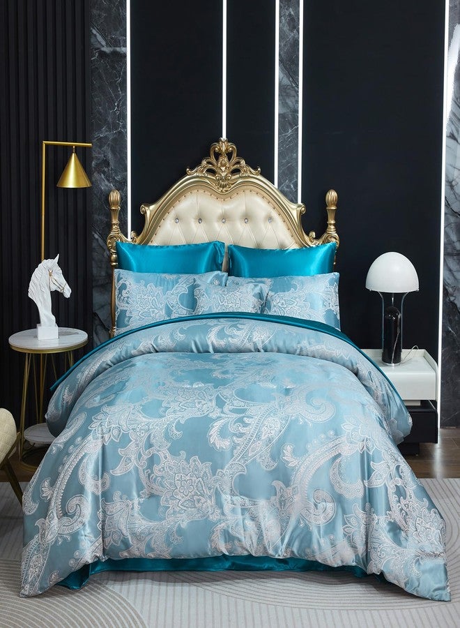 Bedding_Dreamer طقم لحاف ملكي جاكار باللون الأخضر الطاووس مع مجموعة ملاءات من الساتان 8 قطع تطريز زهور نيوكلاسيكية لتزيين المنزل لحاف ناعم فاخر من الفندق مع حقيبة سرير وغطاء وسادة واحد - Image 1