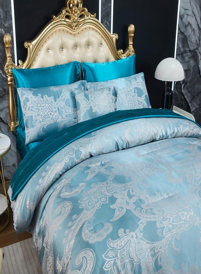 Bedding_Dreamer طقم لحاف ملكي جاكار باللون الأخضر الطاووس مع مجموعة ملاءات من الساتان 8 قطع تطريز زهور نيوكلاسيكية لتزيين المنزل لحاف ناعم فاخر من الفندق مع حقيبة سرير وغطاء وسادة واحد - Image 3