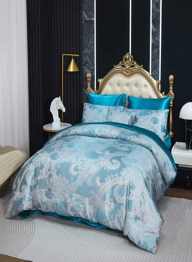 Bedding_Dreamer طقم لحاف ملكي جاكار باللون الأخضر الطاووس مع مجموعة ملاءات من الساتان 8 قطع تطريز زهور نيوكلاسيكية لتزيين المنزل لحاف ناعم فاخر من الفندق مع حقيبة سرير وغطاء وسادة واحد - Image 2