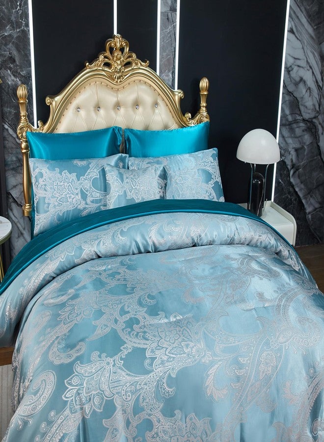 Bedding_Dreamer طقم لحاف ملكي جاكار باللون الأخضر الطاووس مع مجموعة ملاءات من الساتان 8 قطع تطريز زهور نيوكلاسيكية لتزيين المنزل لحاف ناعم فاخر من الفندق مع حقيبة سرير وغطاء وسادة واحد - Image 5