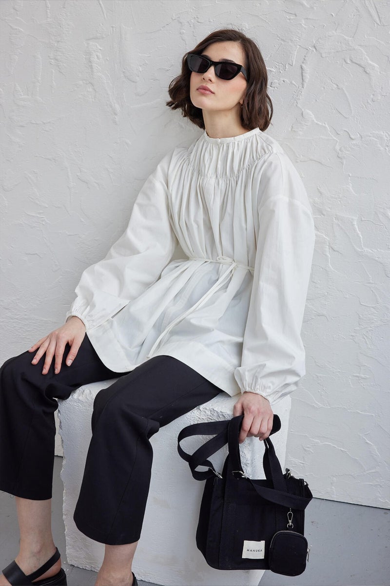 Manuka Collar Gathered Tunic Ecru  - Image 1