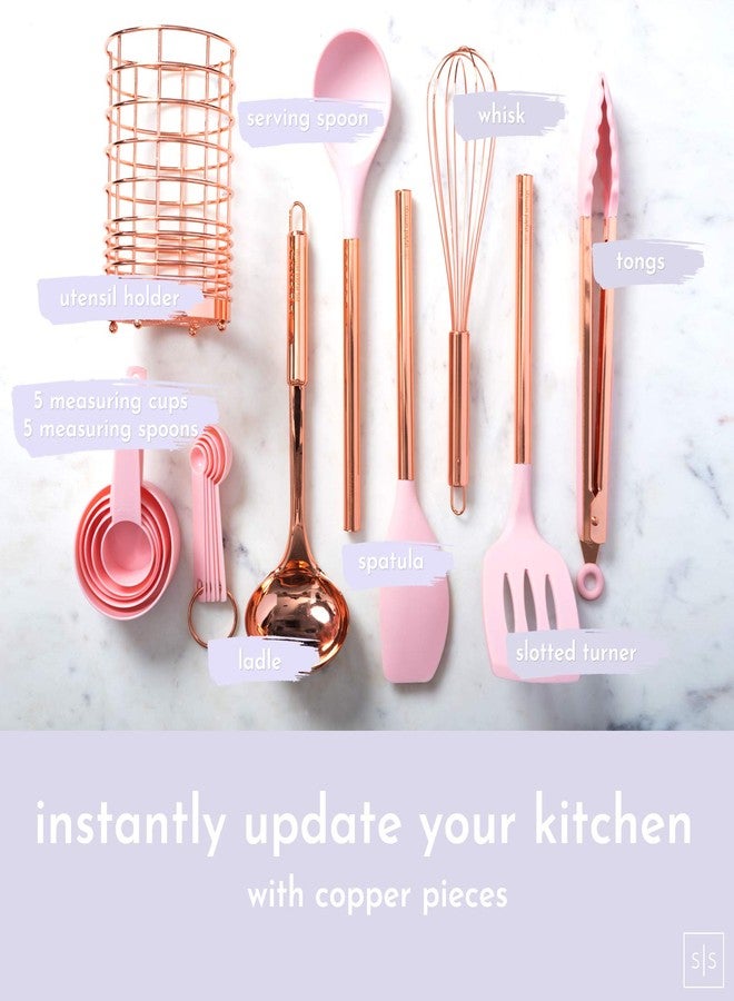 styled settings Copper and Pink Kitchen Utensils Set - 17-Piece Silicone Cooking Tools with Copper Utensil Holder and Pink Measuring Cups and Spoons for Baking and Everyday Cooking - Stylish Kitchen Accessories - Image 2