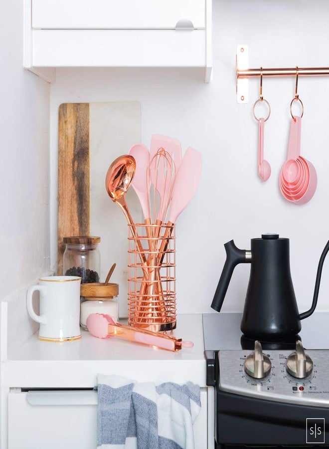 styled settings Copper and Pink Kitchen Utensils Set - 17-Piece Silicone Cooking Tools with Copper Utensil Holder and Pink Measuring Cups and Spoons for Baking and Everyday Cooking - Stylish Kitchen Accessories - Image 3