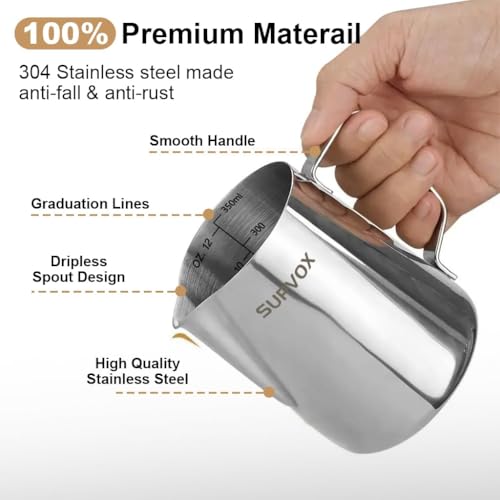 Supvox® 12oz Milk Frothing Pitcher with Scale, Stainless Steel Espresso Milk Frothing Pitchers for Cappuccino Barista Steam Pitchers Milk Jug Cup with Decorating Pen Latte Art - Image 3