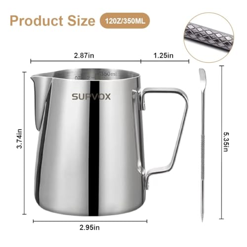 Supvox® 12oz Milk Frothing Pitcher with Scale, Stainless Steel Espresso Milk Frothing Pitchers for Cappuccino Barista Steam Pitchers Milk Jug Cup with Decorating Pen Latte Art - Image 2