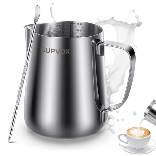 Supvox® 12oz Milk Frothing Pitcher with Scale, Stainless Steel Espresso Milk Frothing Pitchers for Cappuccino Barista Steam Pitchers Milk Jug Cup with Decorating Pen Latte Art - Image 1