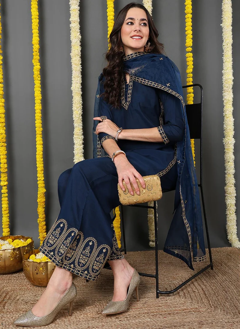 ZERESOUQ Blue Silk Blend Solid Embroidered Straight Kurta Palazzo With Dupatta