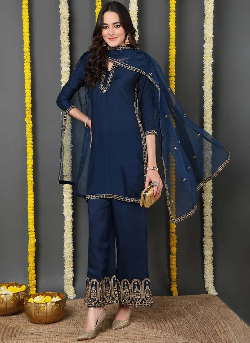 ZERESOUQ Blue Silk Blend Solid Embroidered Straight Kurta Palazzo With Dupatta