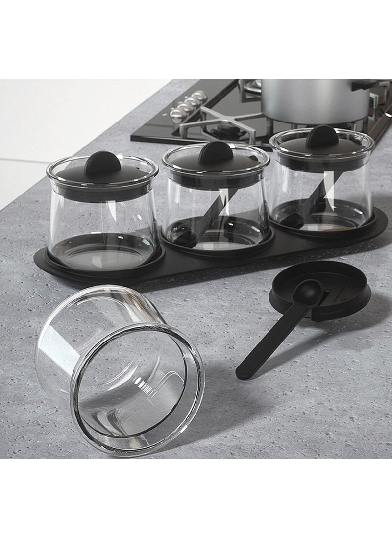 ROSEFINCH Condiment Spice Jar Container with Lids Spoons and Tray Clear Glass Seasoning Storage Box Salt Pepper Spices and Pickle jar with Spoon Set of 3 for Kitchen Black