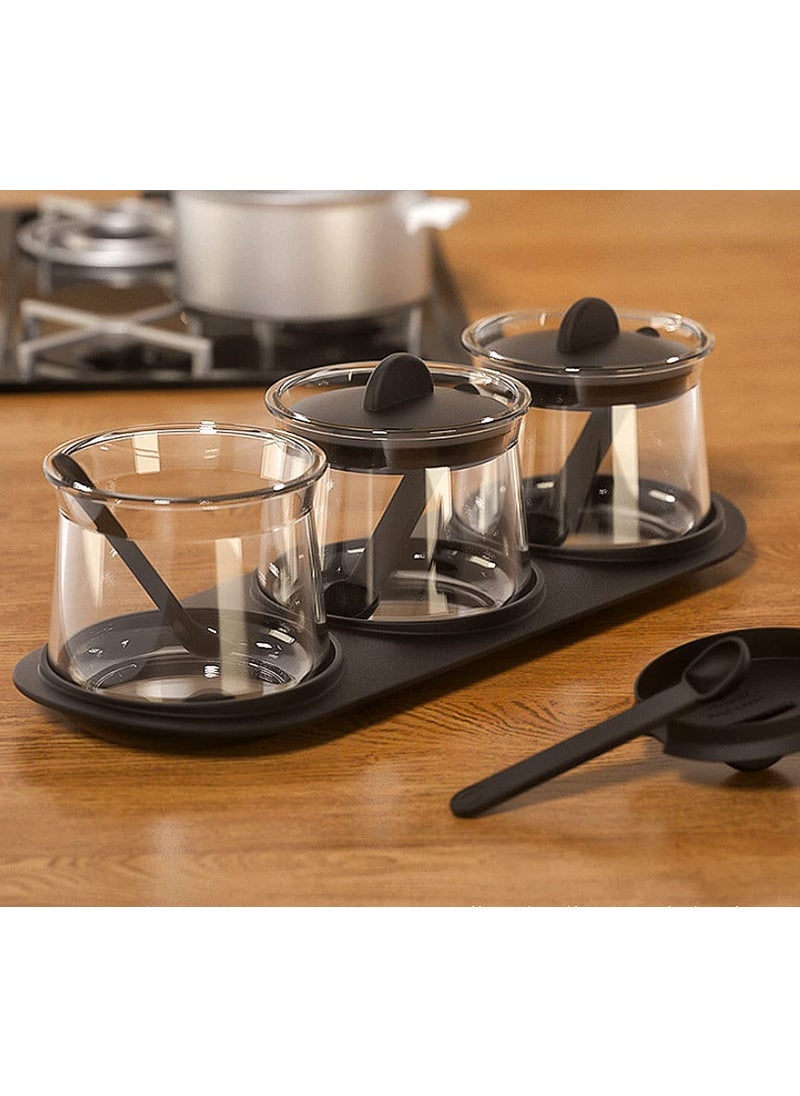 ROSEFINCH Condiment Spice Jar Container with Lids Spoons and Tray Clear Glass Seasoning Storage Box Salt Pepper Spices and Pickle jar with Spoon Set of 3 for Kitchen Black