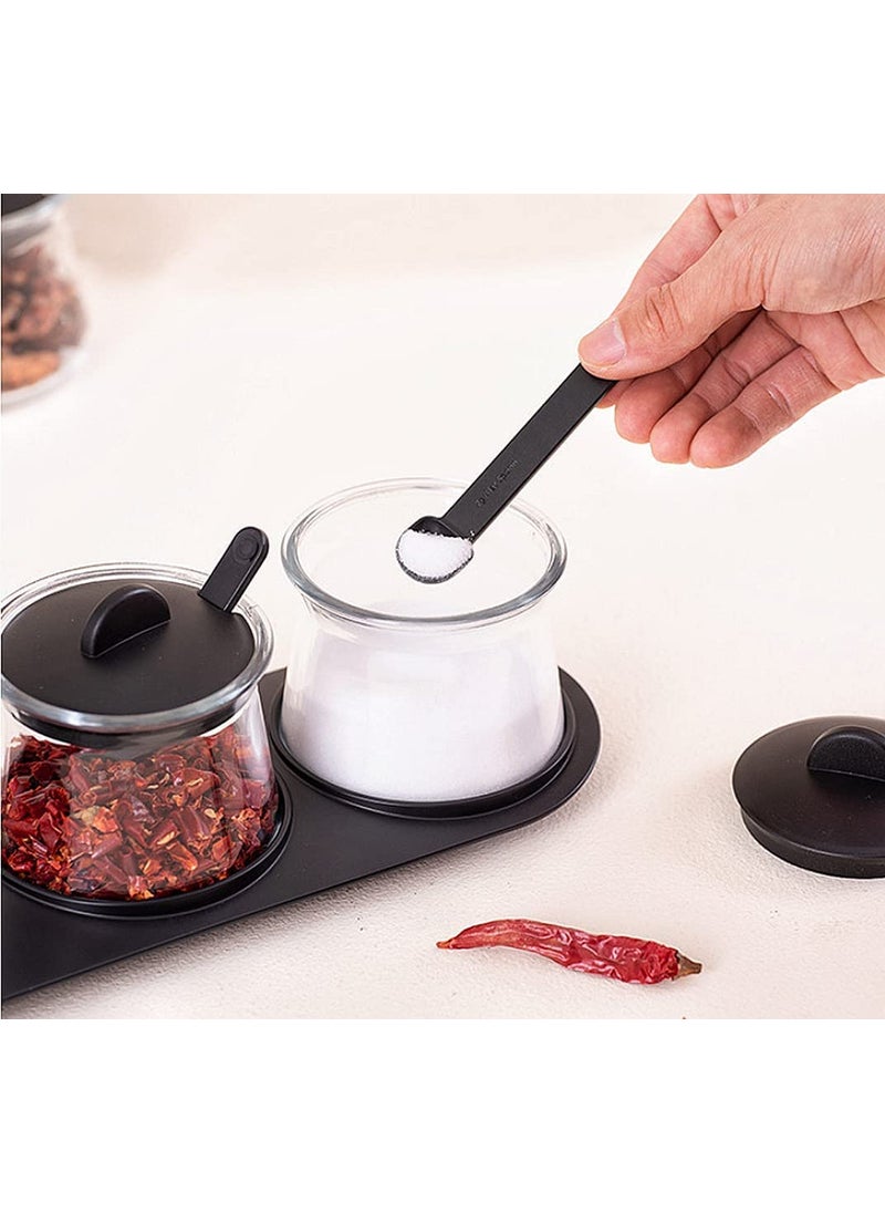ROSEFINCH Condiment Spice Jar Container with Lids Spoons and Tray Clear Glass Seasoning Storage Box Salt Pepper Spices and Pickle jar with Spoon Set of 3 for Kitchen Black