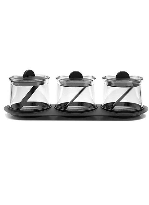 ROSEFINCH Condiment Spice Jar Container with Lids Spoons and Tray Clear Glass Seasoning Storage Box Salt Pepper Spices and Pickle jar with Spoon Set of 3 for Kitchen Black