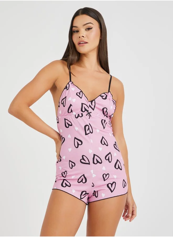 ستايلي Styli Heart Print Noodle Strap Bodysuit