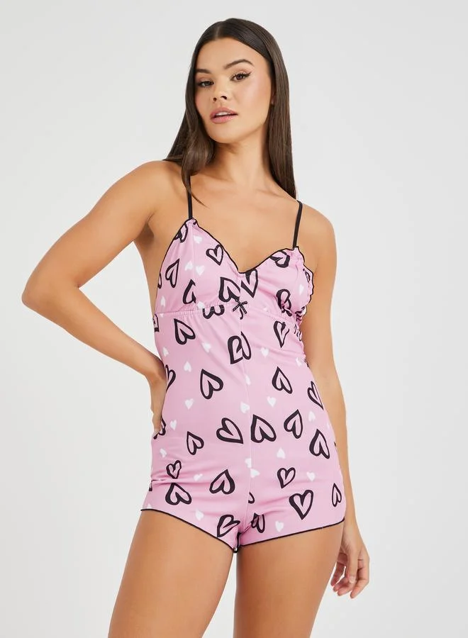 Styli Heart Print Noodle Strap Bodysuit