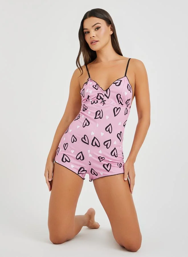 Styli Heart Print Noodle Strap Bodysuit
