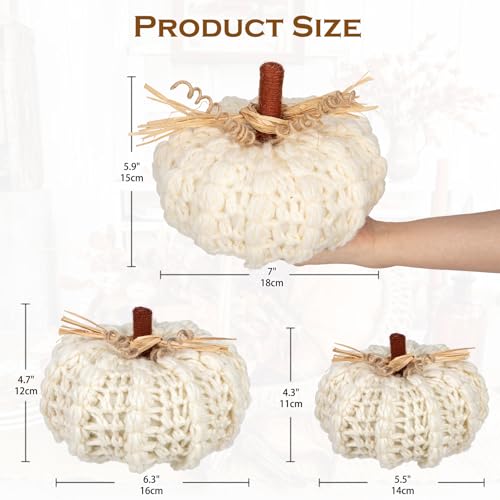 Briful Large Neutral White Yarn Knitted Crocheted Pumpkins Christmas Decorations Autumn Fall Dcor Thanksgiving Gifts 7in6 14in5 12in - Image 3