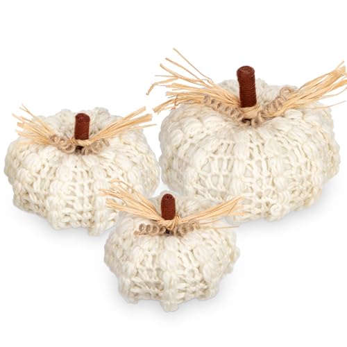 Briful Large Neutral White Yarn Knitted Crocheted Pumpkins Christmas Decorations Autumn Fall Dcor Thanksgiving Gifts 7in6 14in5 12in - Image 1