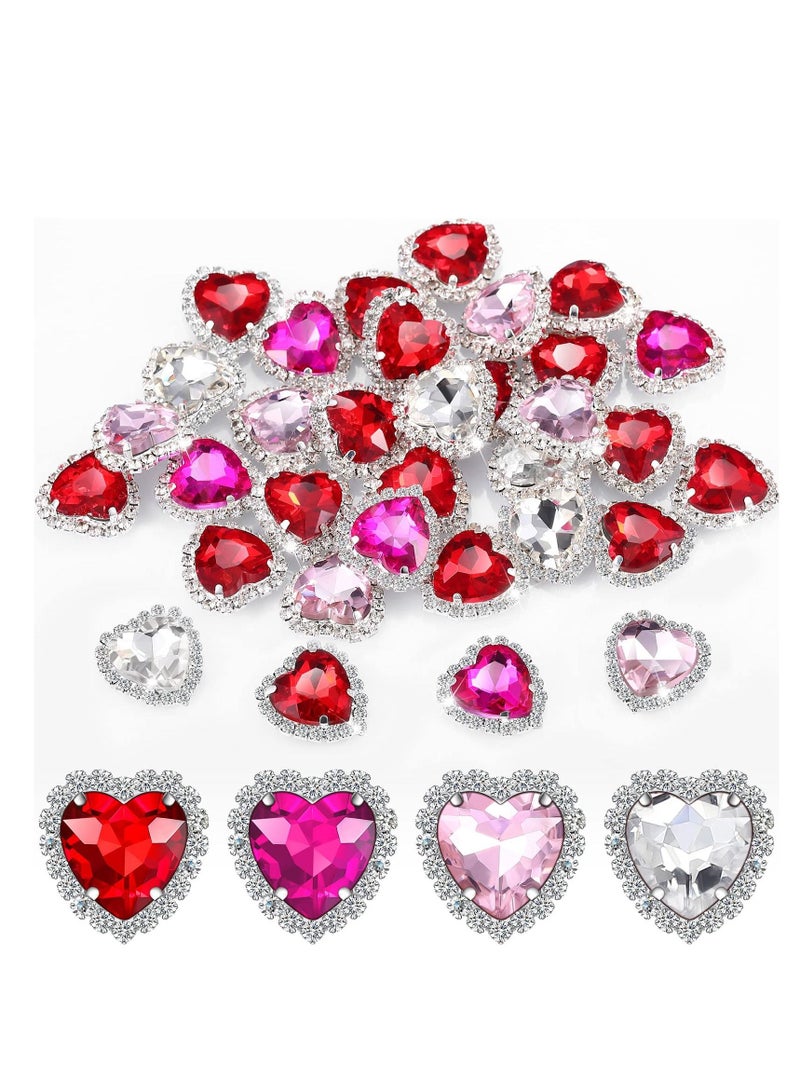 KASTWAVE 40 Pcs Heart Rhinestones Buttons, Sew on Rhinestone Embellishments Flatback Diamond Rhinestones Heart, for Nails Wedding Bridal Bouquet Clothing Crafting Jewelry Making (4 Colors)Silver Base - Image 1