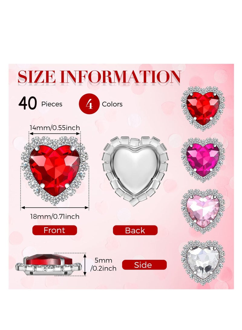 KASTWAVE 40 Pcs Heart Rhinestones Buttons, Sew on Rhinestone Embellishments Flatback Diamond Rhinestones Heart, for Nails Wedding Bridal Bouquet Clothing Crafting Jewelry Making (4 Colors)Silver Base - Image 2