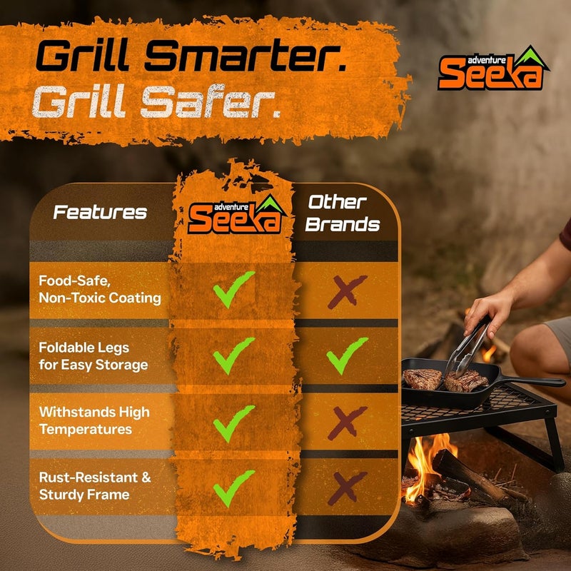 Adventure Seeka Campfire ( Folding Campfire Grill – Portable Over-Fire Grill with Food-Safe Coating, Heavy Duty Steel, Compact with Folding Legs - Camping, RV, Overlanding, Fire Pits) - Image 2