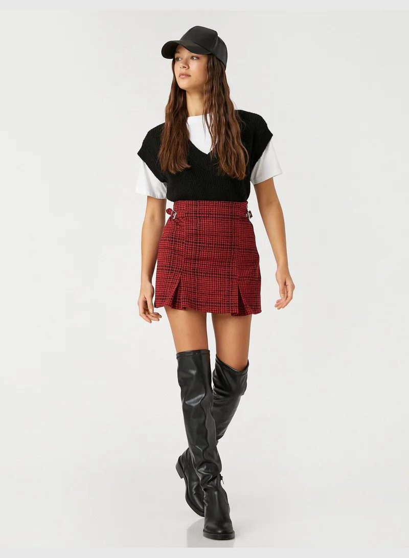 كوتون Mini Skirt Pleated Buckle Detail Patterned
