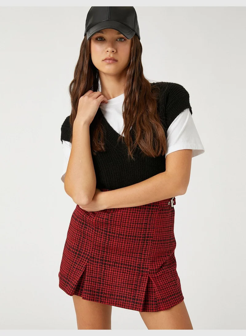كوتون Mini Skirt Pleated Buckle Detail Patterned