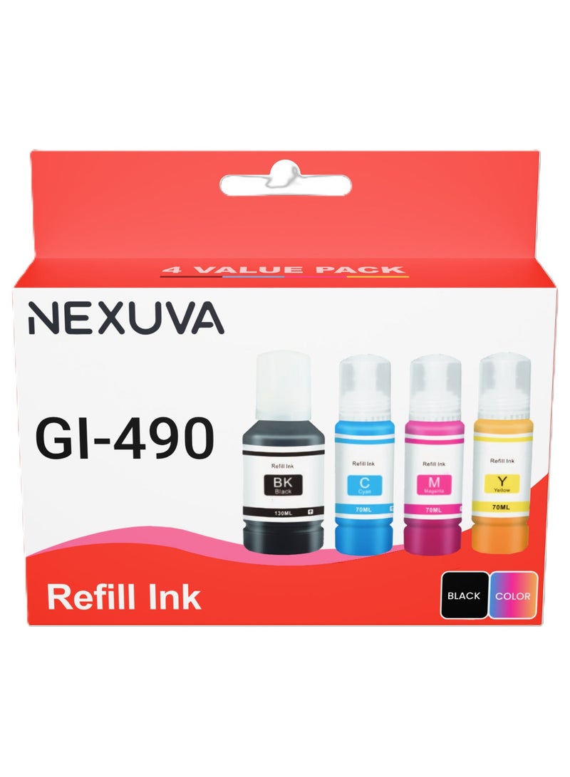نيكسوفا حبر Nexuva GI-490 (عبوة من 4 قطع) متوافق مع عبوة حبر كانون GI490 GI590 متعددة الاستخدامات لطابعات PIXMA G1000 G1400 G1500 G2000 G2400 G2500 G3000 G3400 G3500 (أسود، سماوي، أرجواني، أصفر) - Image 1
