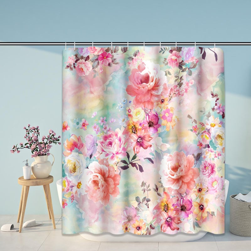 ArtSocket Shower Curtain Colorful Flowers Romantic Pink Teal Watercolor Chic Floral Pattern Home Bathroom Decor Polyester Fabric Waterproof 72 x 72 Inches Set with Hooks