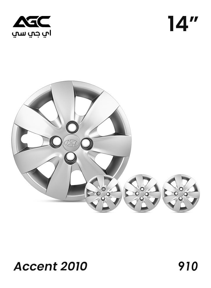 Agc AGC 14 Inch Wheel Covers for Hyundai Accent 2010 | Model 910 | ABS Plastic Hub Caps | Set of 4 | Snap-On Fit | Silver Finish |  - Image 1