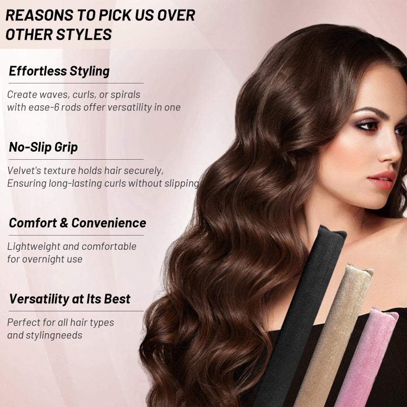 YONNAXO Heatless Hair Curler Overnight Curls, Heatless Curlers for Women, Soft Velvet Satin Flexi Rods Sleep for All Hair Types, No Heat Overnight Sleeping Curler Styling Tools (6 Pcs Mixed Color, 10 IN) - Image 5