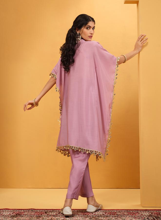 ISHIN Women's Lilac Roman Silk Embellished A-Line Kaftan Upperwear Knee Length Palazzo Bottomwear Flowy 2 Peice Kurta Set - Image 2