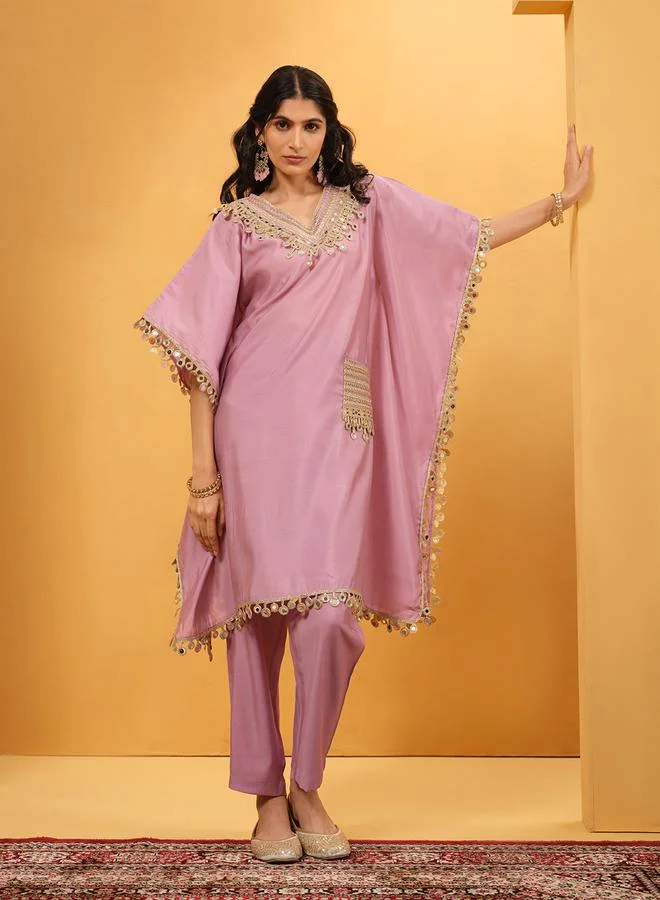 ISHIN Women's Lilac Roman Silk Embellished A-Line Kaftan Upperwear Knee Length Palazzo Bottomwear Flowy 2 Peice Kurta Set