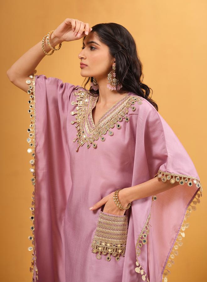 ISHIN Women's Lilac Roman Silk Embellished A-Line Kaftan Upperwear Knee Length Palazzo Bottomwear Flowy 2 Peice Kurta Set - Image 3