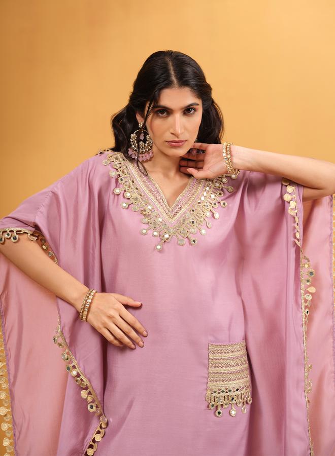 ISHIN Women's Lilac Roman Silk Embellished A-Line Kaftan Upperwear Knee Length Palazzo Bottomwear Flowy 2 Peice Kurta Set - Image 5