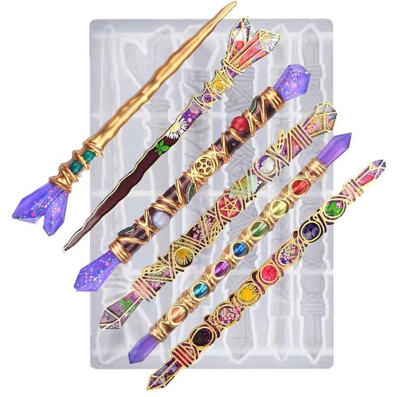 metulip Magic Wand Resin Molds Silicone Witch Wands Mold 6 Shape Crystal Sticks Resin Molds for Epoxy Resin Casting Party Decor DIY Craft Gifts
