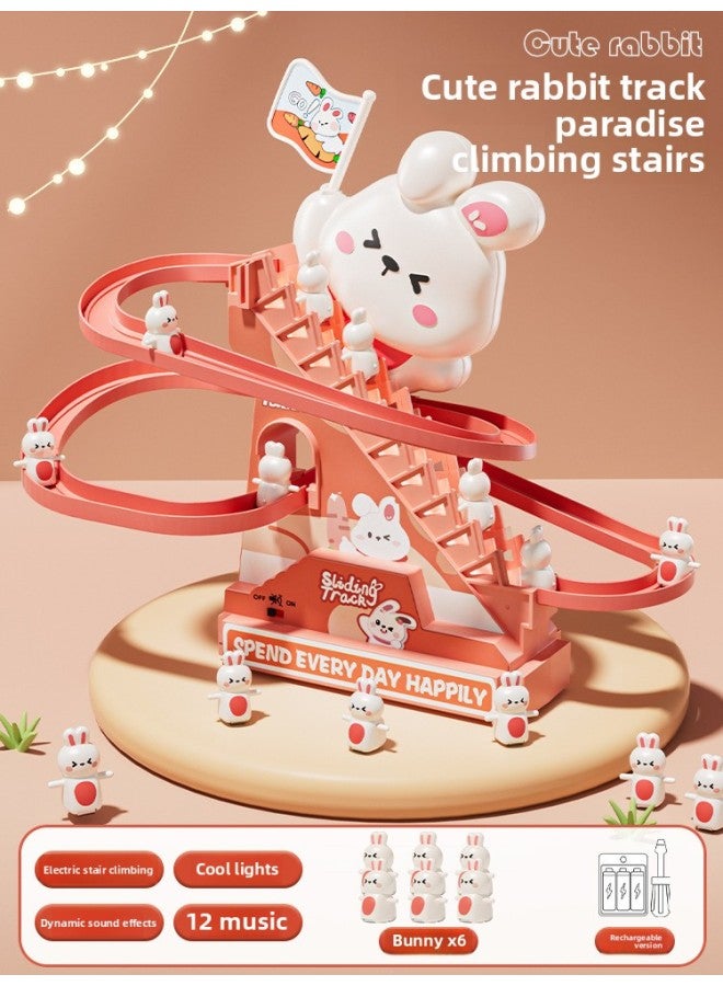 Children's Small Dinosaur Climbing Stairs Children's Electric Track One Year Old Girl Boy Tyrannosaurus Rex Toy Slide-Color:Upgraded Music Version [cute Rabbit Climbing Stairs-rechargeable Version] - 6 Little Rabbits-Scale:Official Standard  - Image 1