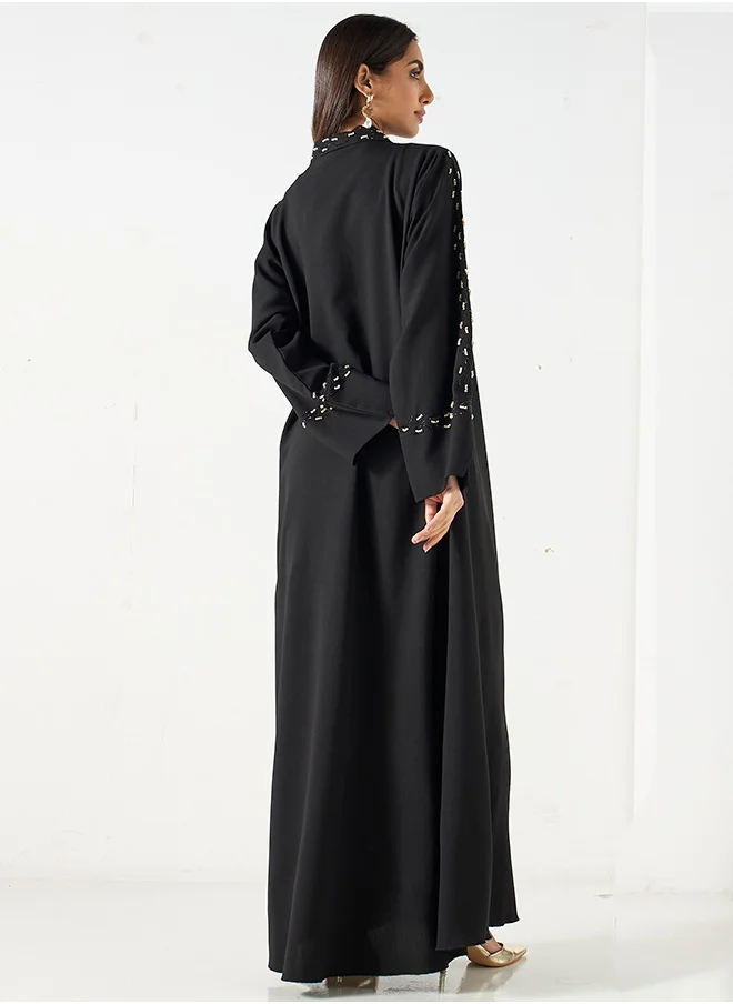 JAMEELA Black Abaya with rhinestones embellishments