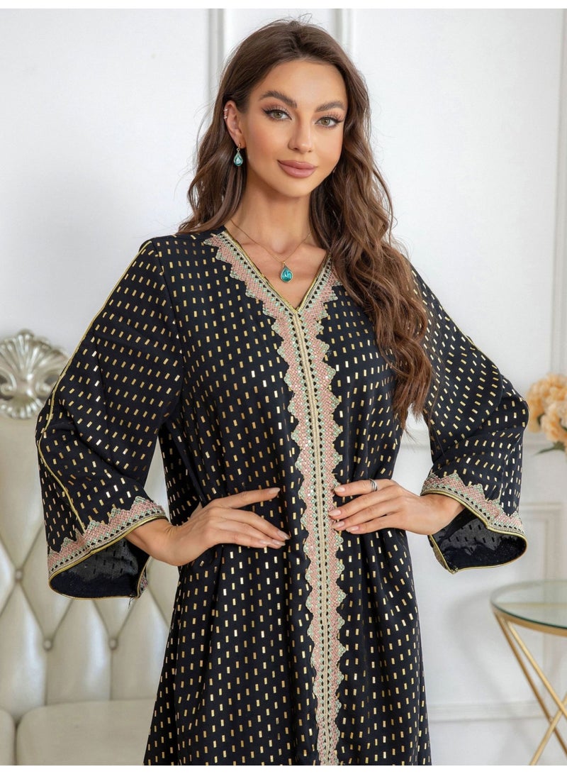 Muslim hot stamping simple lace slim fitting women's robe dress - Image 3