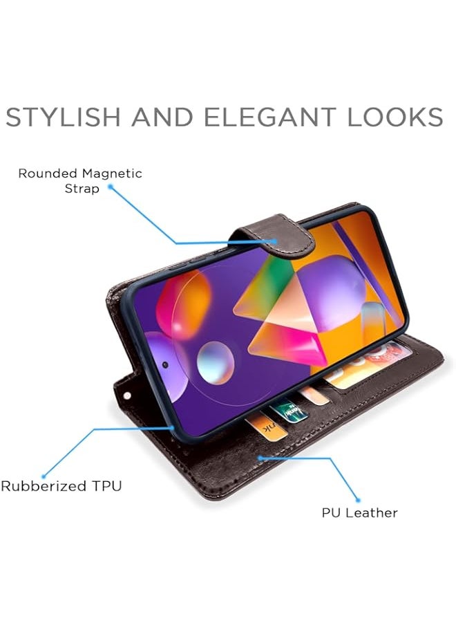 Generic - Samsung Galaxy M31s Flip Case Leather Finish | Inside TPU with Card Pockets | Wallet Stand and Shock Proof | Magnetic Closing | Complete Protection Flip Cover for Samsung Galaxy M31s (Coffee) - Image 1