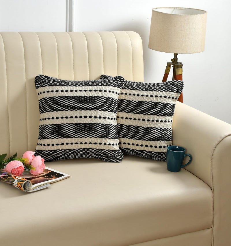 TIB Premium Boho Decorative Throw Cushion Covers, 16 x 16 cm, Set of 2, Cotton. (Black Lines)-230 TC - Image 1