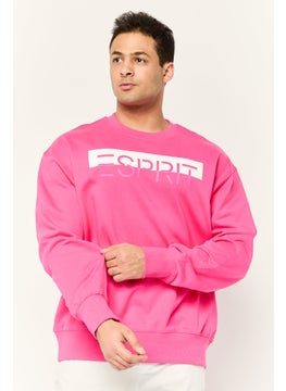 Men Ribbed Collar Long Sleeves Brand Logo Sweatshirts, Dark Pink