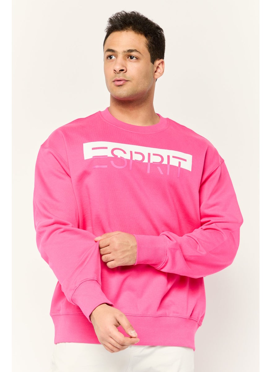 ESPRIT - Men Ribbed Collar Long Sleeves Brand Logo Sweatshirts, Dark Pink - Image 1