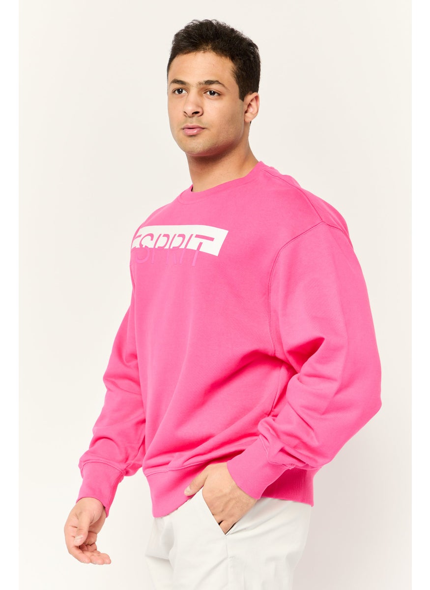 ESPRIT - Men Ribbed Collar Long Sleeves Brand Logo Sweatshirts, Dark Pink - Image 1