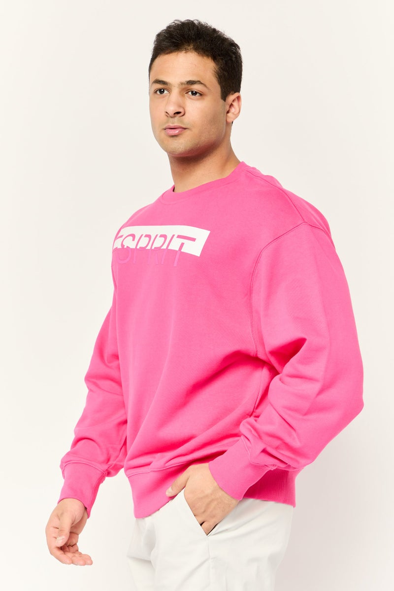 ESPRIT Men Ribbed Collar Long Sleeves Brand Logo Sweatshirts, Dark Pink - Image 4