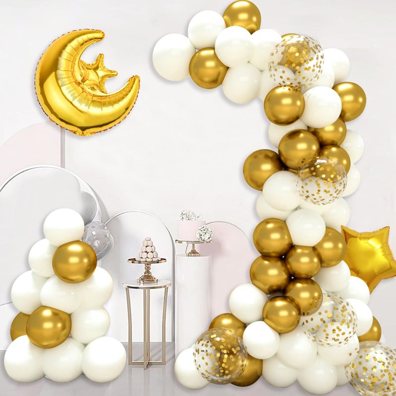 QIFU Eid Mubarak Decorations for Home - 70pcs Ramadan Decorations include White Gold Star Moon Balloons and Eid Mubarak Banner for Ramadan Decor - Image 5