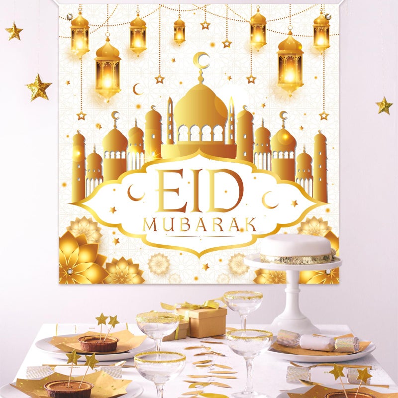 QIFU Eid Mubarak Decorations for Home - 70pcs Ramadan Decorations include White Gold Star Moon Balloons and Eid Mubarak Banner for Ramadan Decor - Image 4