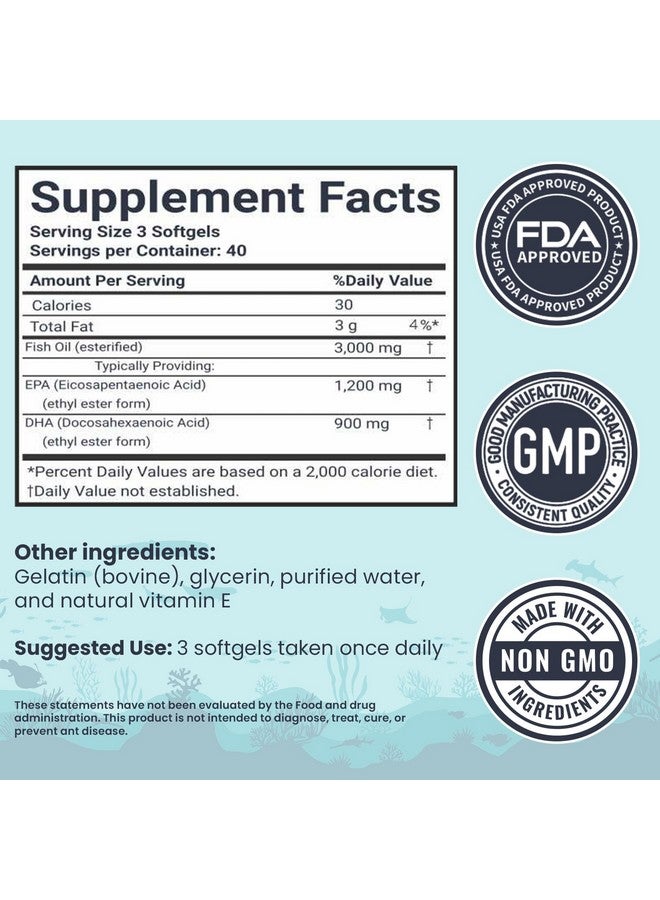 Leaping Lynx Fish Oil 3000 mg Softgels, Fish Oil Supplements, Omega 3 Burpless Fish Oil from Only Wild-Caught Fish, 120 ct, 1200mg EPA & 900mg DHA Fatty Acids per Serving, for Heart Health - Image 2