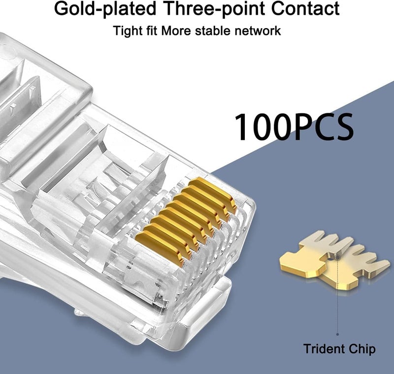 RJ45 Connectors Cat6 Pass Through Ends Transparent and Penetrable Connectors UTP 8P8C Network Plug Gold-Plated Contacts for Widely Used in Local Area Network and ADSL Broadband(100Pcs) - Image 2