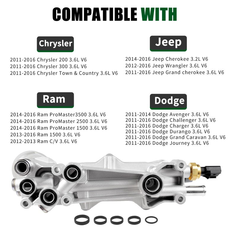LOREADA 926-959 Oil Cooler Engine Oil Filter Housing Assembly Full Aluminum for Jeep Wrangler Grand Cherokee 3.6L Dodge Journey Charger Caravan Chrysler 200 300 Ram 3.2L with Sensor and Gasket Kit 68105583AF - Image 2
